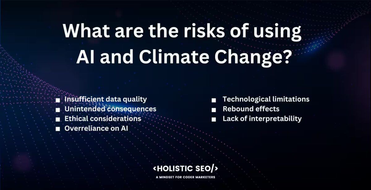 what are the risks of using AI and climate change?
Insufficient data quality, unintended consequences, ethical considerations, overreliance on AI, Technological limitations, rebound efects, lack of interpretability