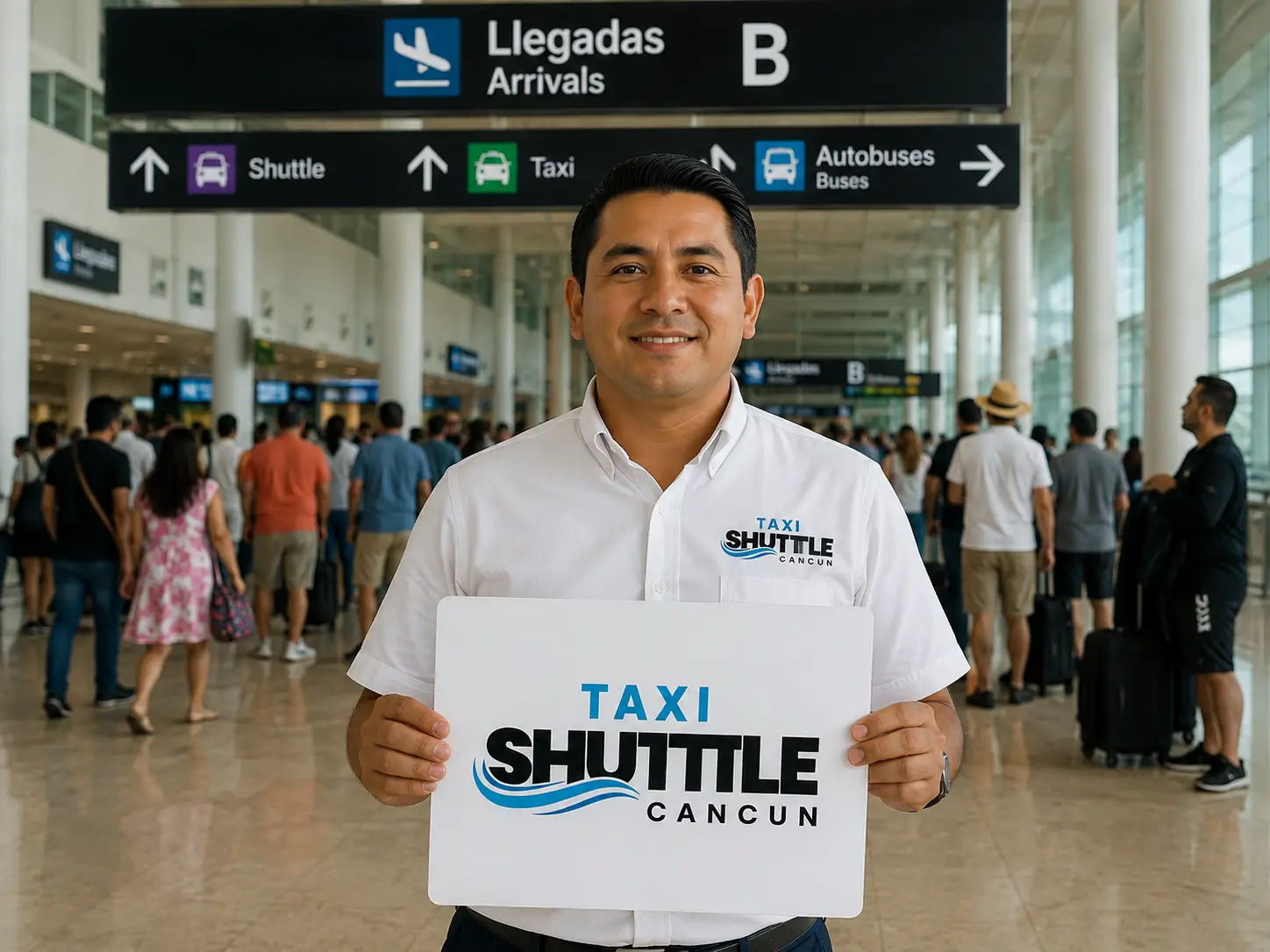 Taxi Shuttle Cancun driver waiting with a name sign in the Cancun airport arrivals hall