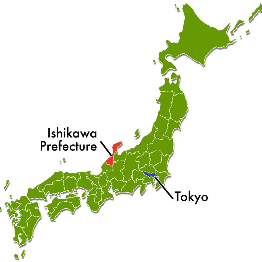 A political map of japan with the ishikawa prefecture highlighted.