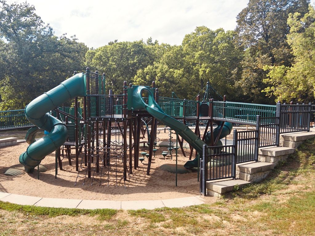 Playground at Lake Harriet Bandshell.  Large, multi-story, has accessible ramp.