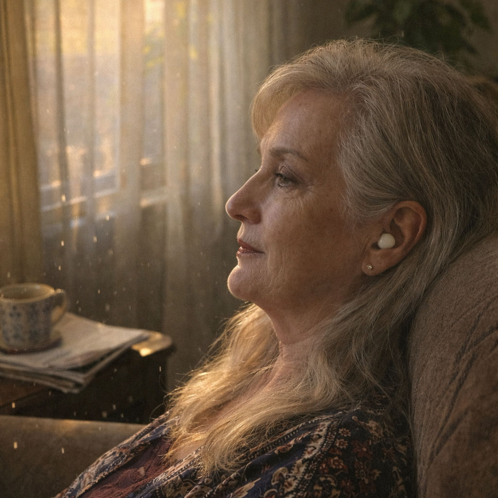 Person wearing TinnitusOFF in a relaxed home setting