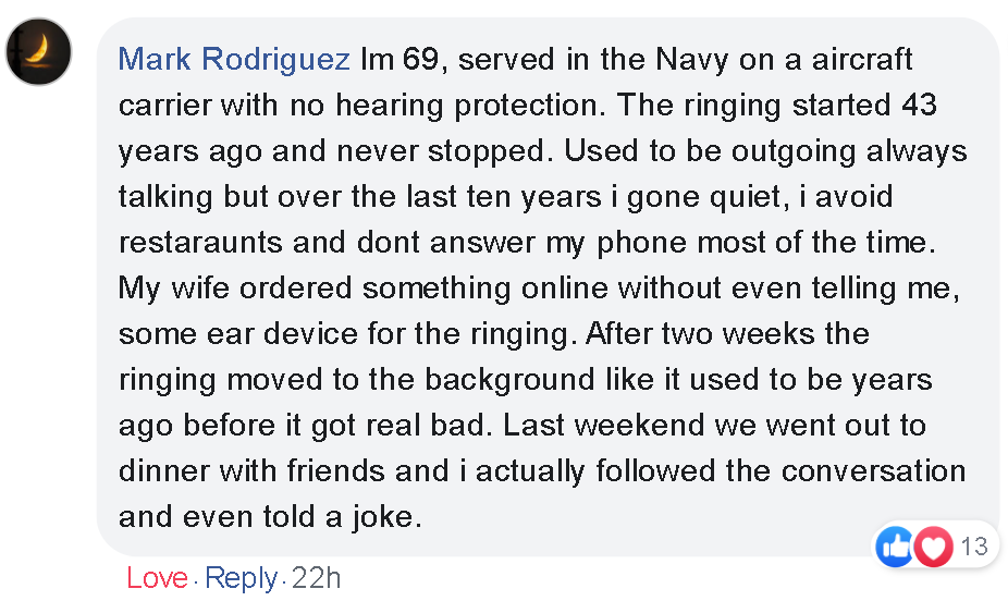 Facebook review — TinnitusOFF customer testimonial