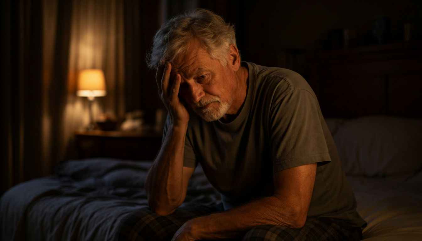 Older man sitting on the edge of his bed at night, exhausted and frustrated from tinnitus