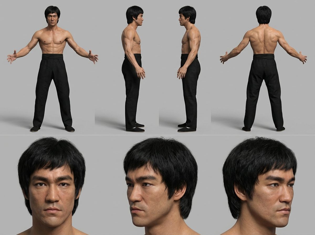 bruce lee, martial artist, turnaround, model sheet, full body, headshot,