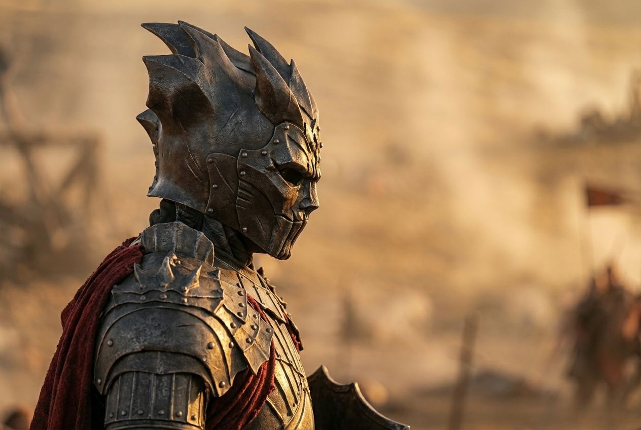 he is now by himself, same battlefiedl smoke has cleard, no horse