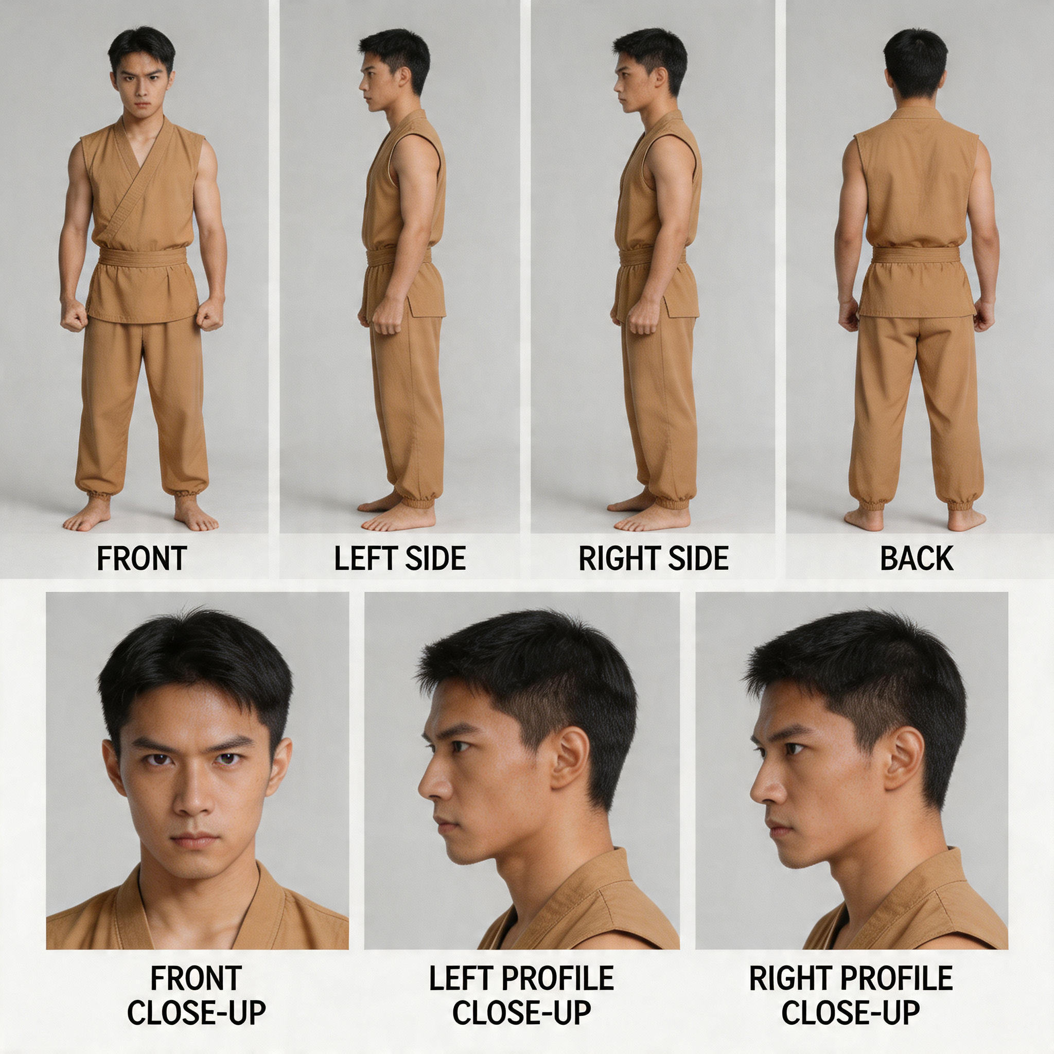 Young, athletic martial artist with short black hair, tan sleeveless out