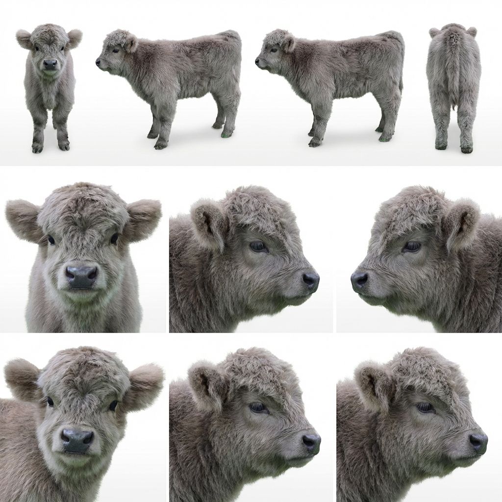 highland calf, grey fur, fluffy, shaggy, model sheet, photorealistic, mu