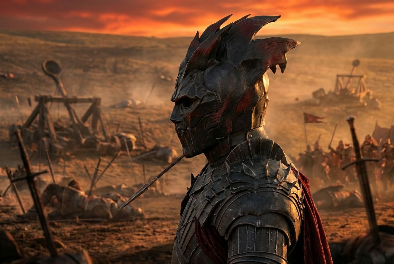 he is now by himself, same battlefiedl smoke has cleard, no horse