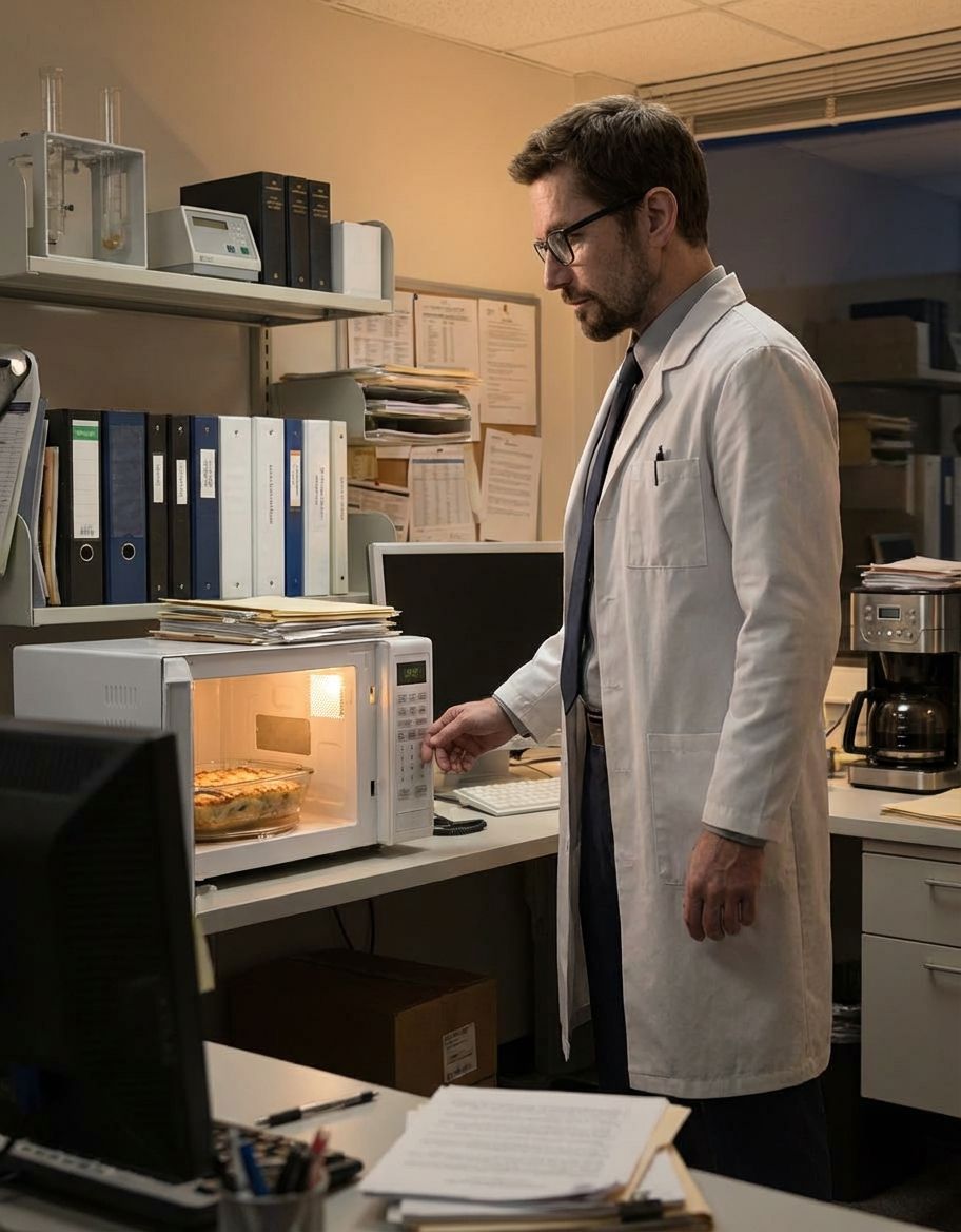 @freeman-lab heating a casserole in a microwave, lab office