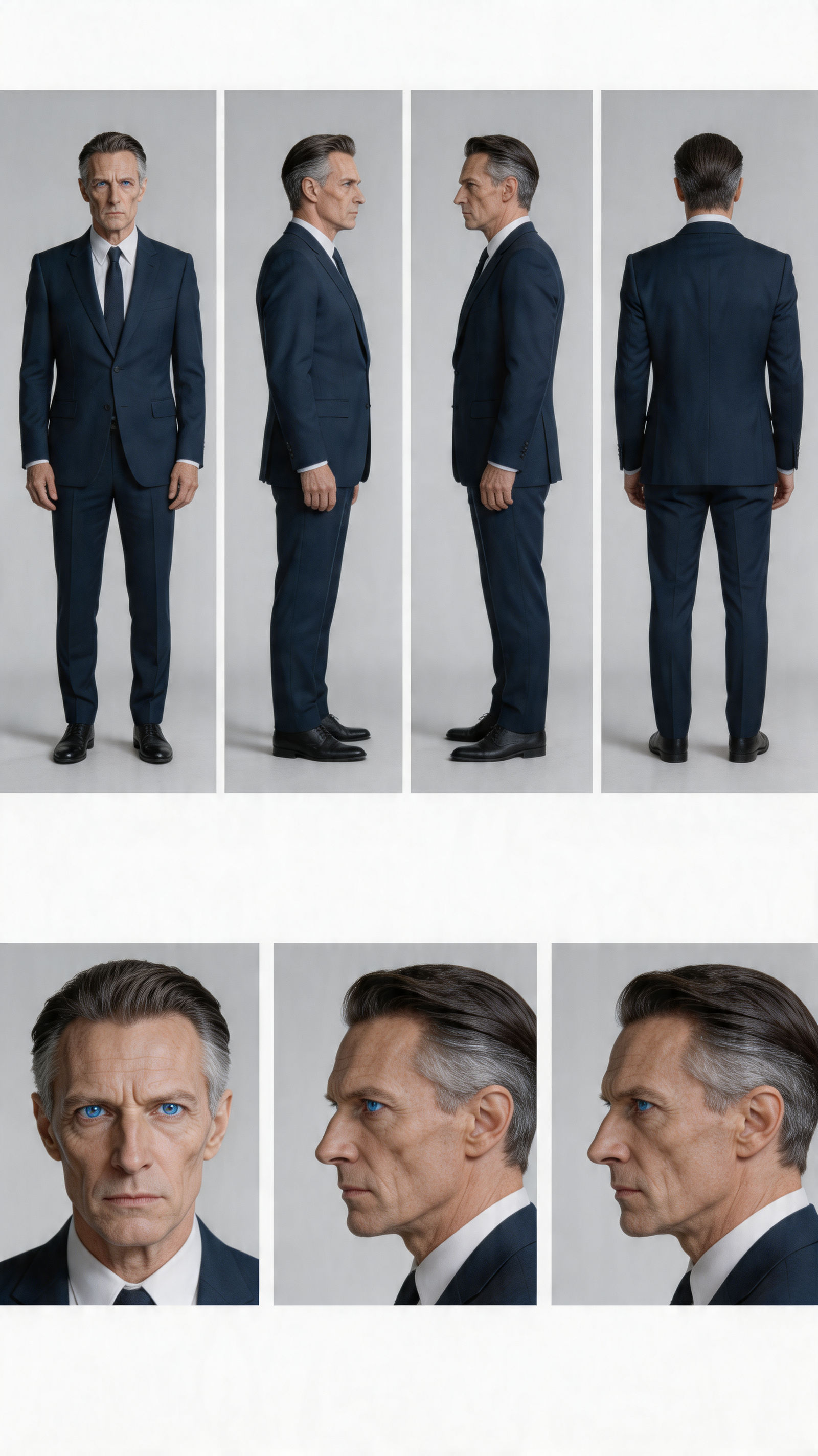 A photo realistic stern middle-aged man with a tall forehead, slicked-ba