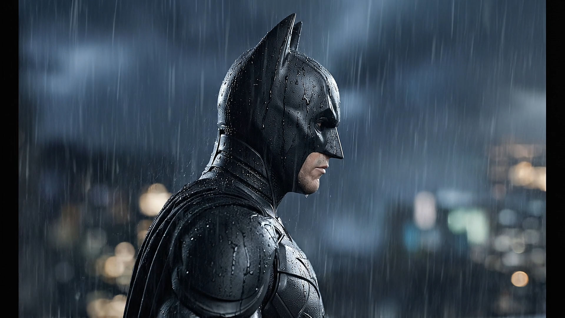 camera rotates to a view of the back of his head overlooking the city, p