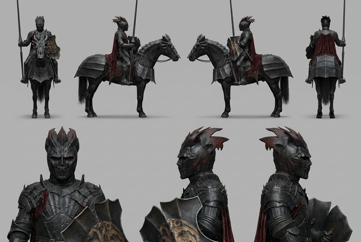 knight, dark armor, full plate, dragon helmet, spiked crest, demon facep