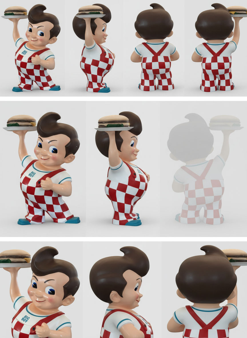 big boy mascot, red and white checkered overalls, double cheeseburger, h