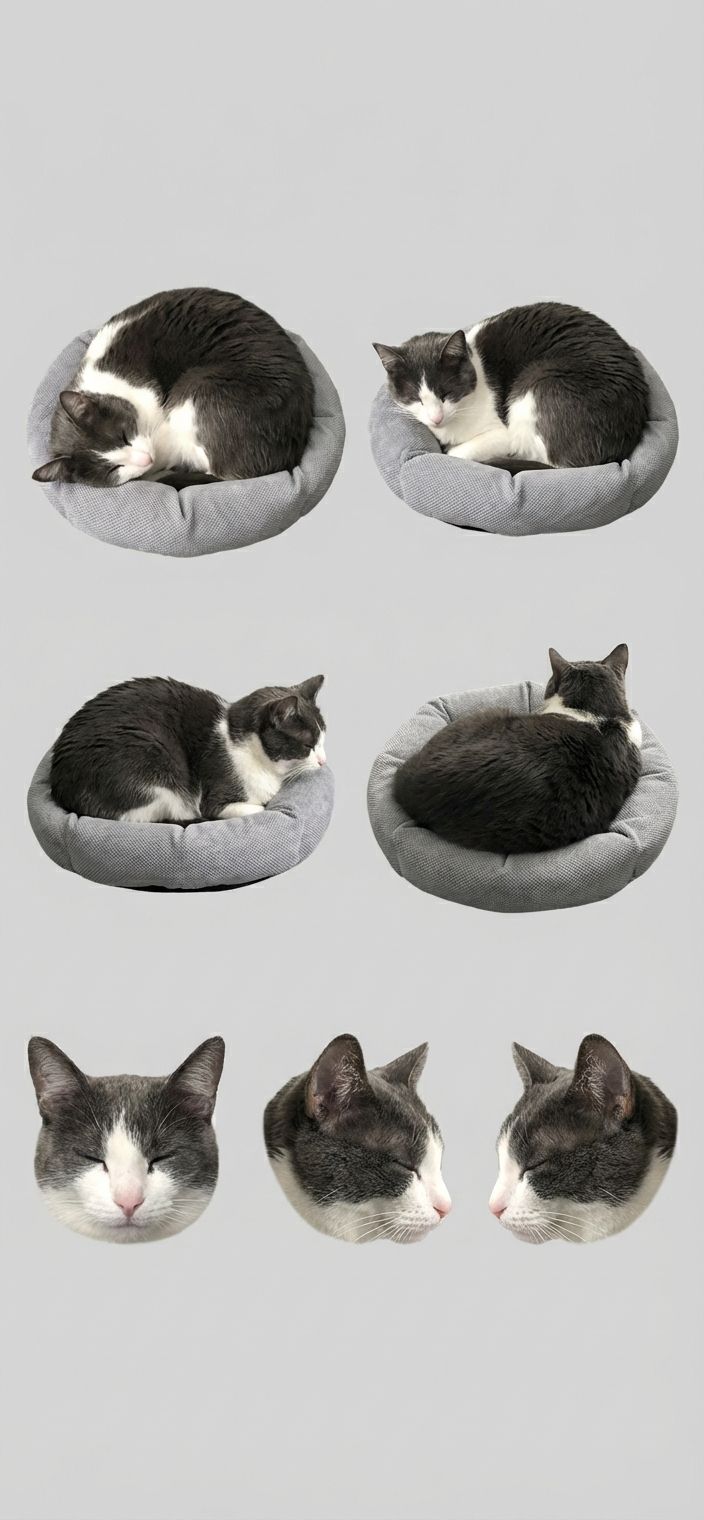 cat, tuxedo cat, grey and white, sleeping, curled up, pet bed, multiple 