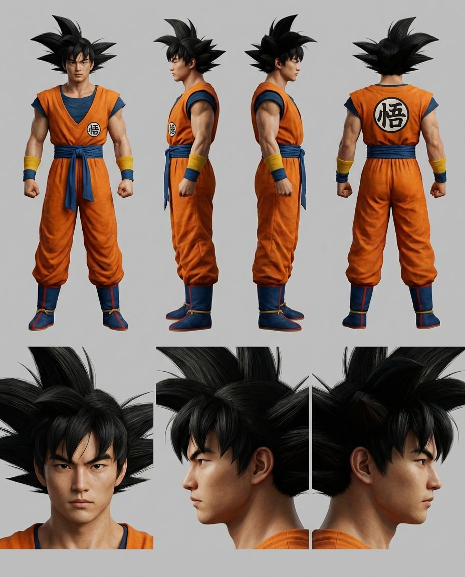 goku, dragon ball, realistic cgi, 3d rendering, turnaround, orange gi, s