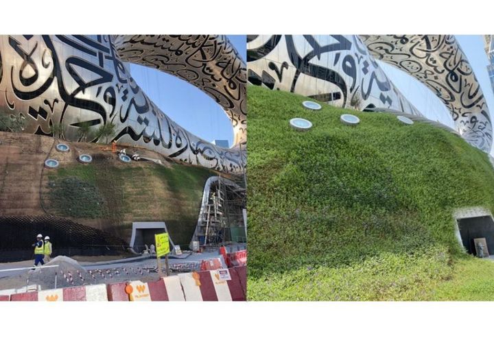 During construction: Green Terramesh soil slope (before & after vegetation)