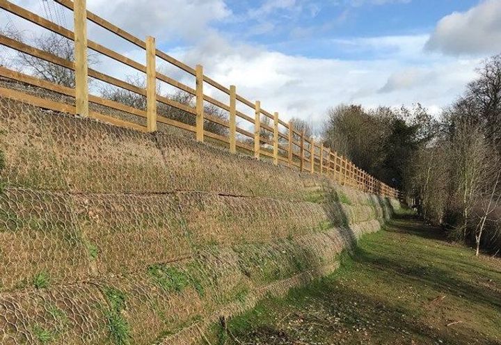 Completed lower Green Terramesh slope starting to vegetate.