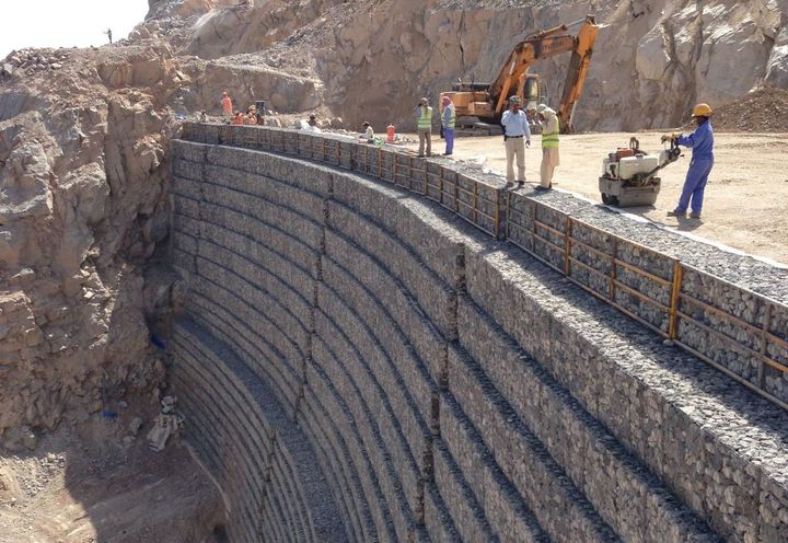 During construction: Terramesh retaining wall nearing completion