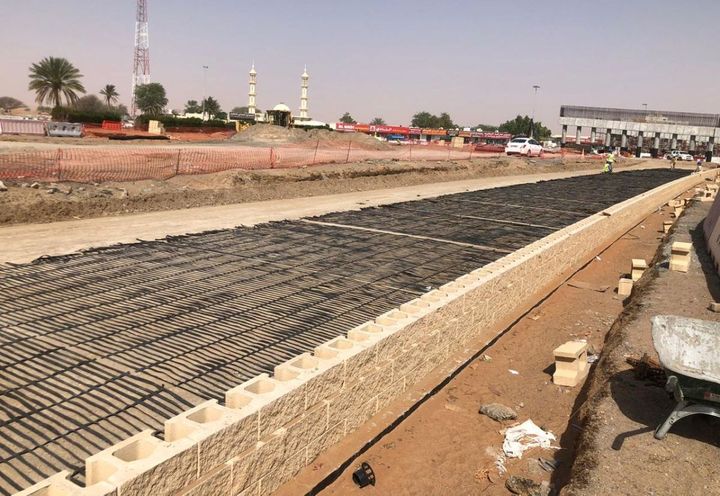 Paragrid geogrid connected to facia blocks