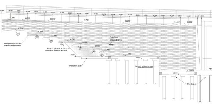 Wing wall typical elevation. A two tier piled foundation platform with Paralink 