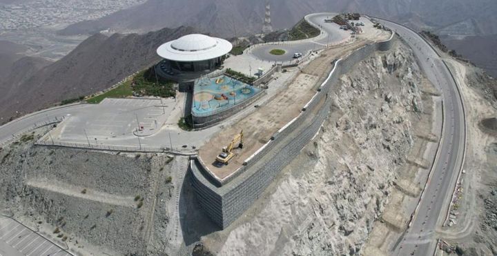 Completed: aerial view of Terramesh wall at parking area