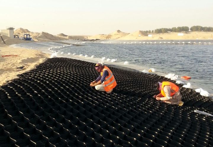 During construction: Macweb geocell installation on side slopes
