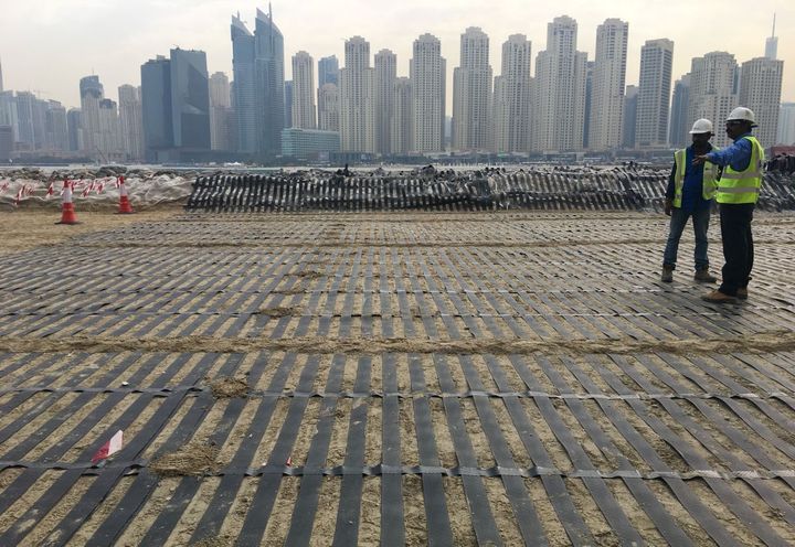 During construction: close view of laid Paralink 300 geogrid layer