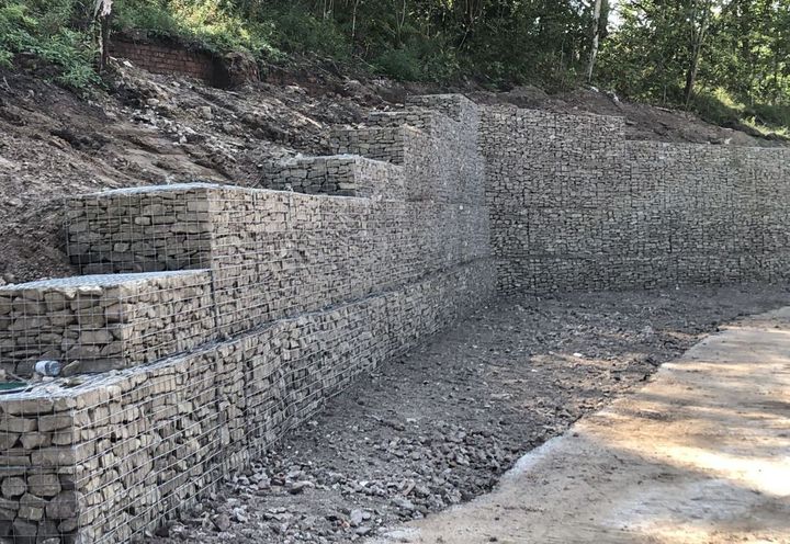 Welded gabion wall nearing completion