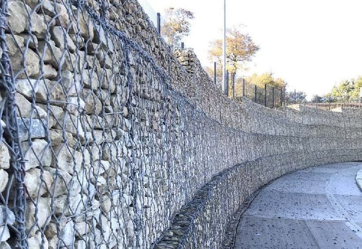 Gabions with rail inserted planted trees & shrubs in front