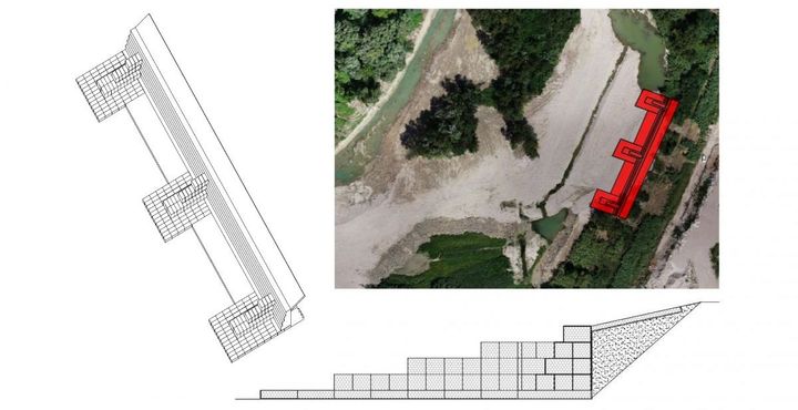 Vista 3D, vista planimetrica e sezione tipologica dell'opera