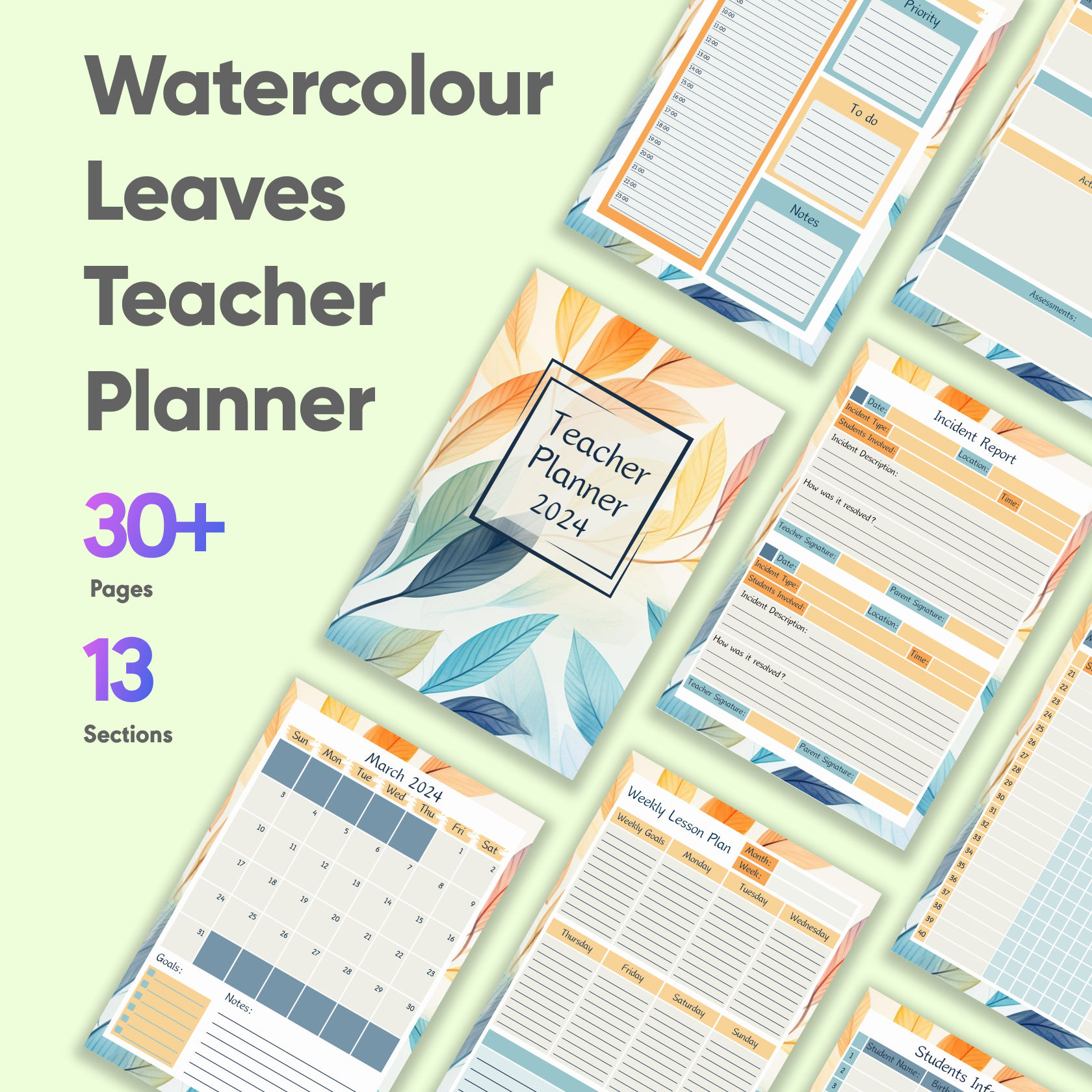 Watercolour Leaves Teacher Planner