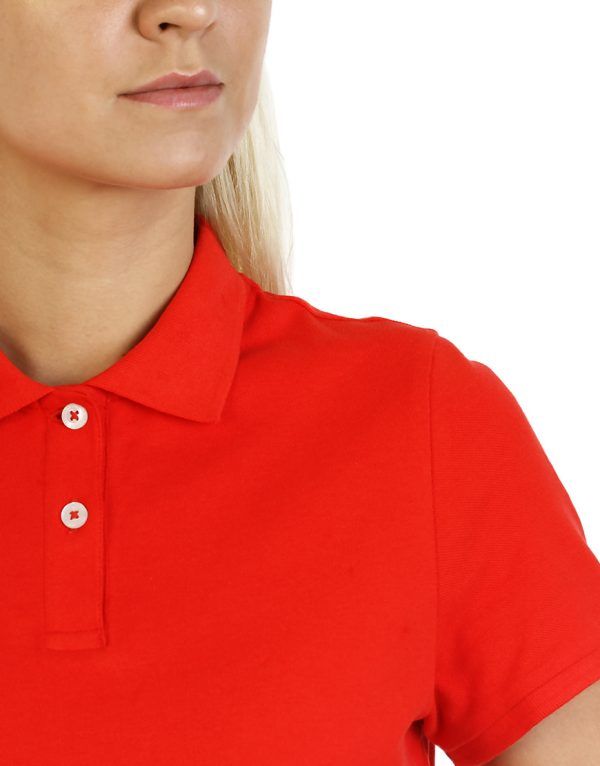 Women's Modern Fit Polo Red Print Close Up front