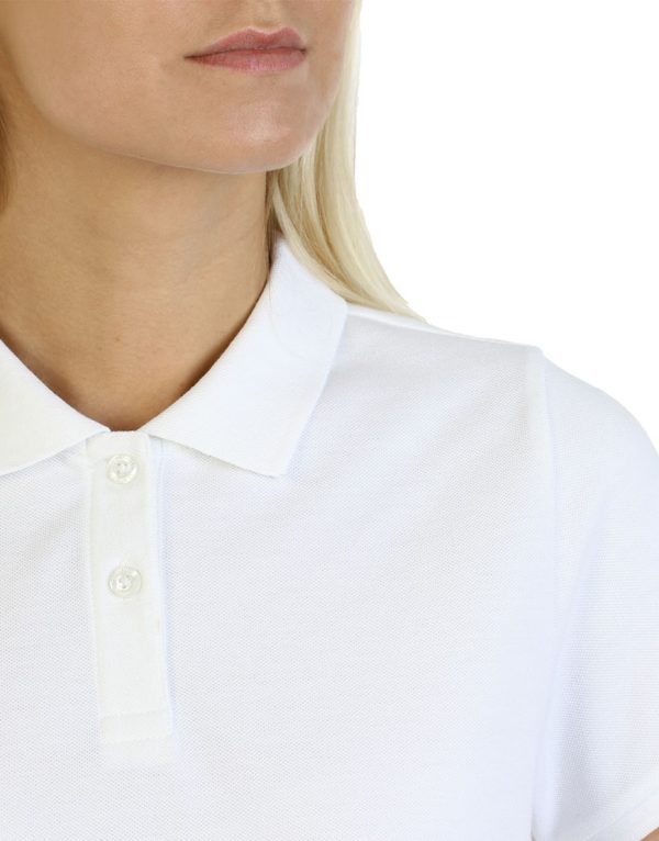 Women's white long durability Modern Fit Polo Embroidery close up front