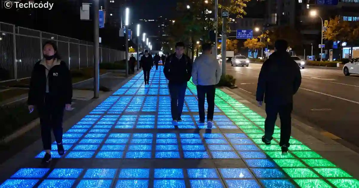 Smart city sidewalk generating energy from footsteps using kinetic floor technology