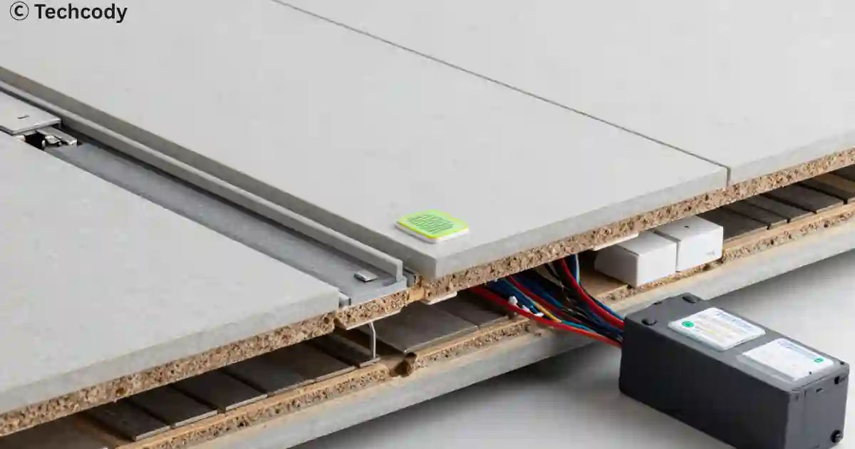 Cross-section diagram showing how piezoelectric floor tiles convert footsteps into electricity