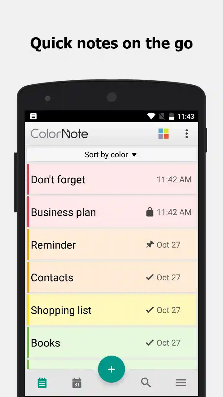 ColorNote home screen on Android with notes and checklists