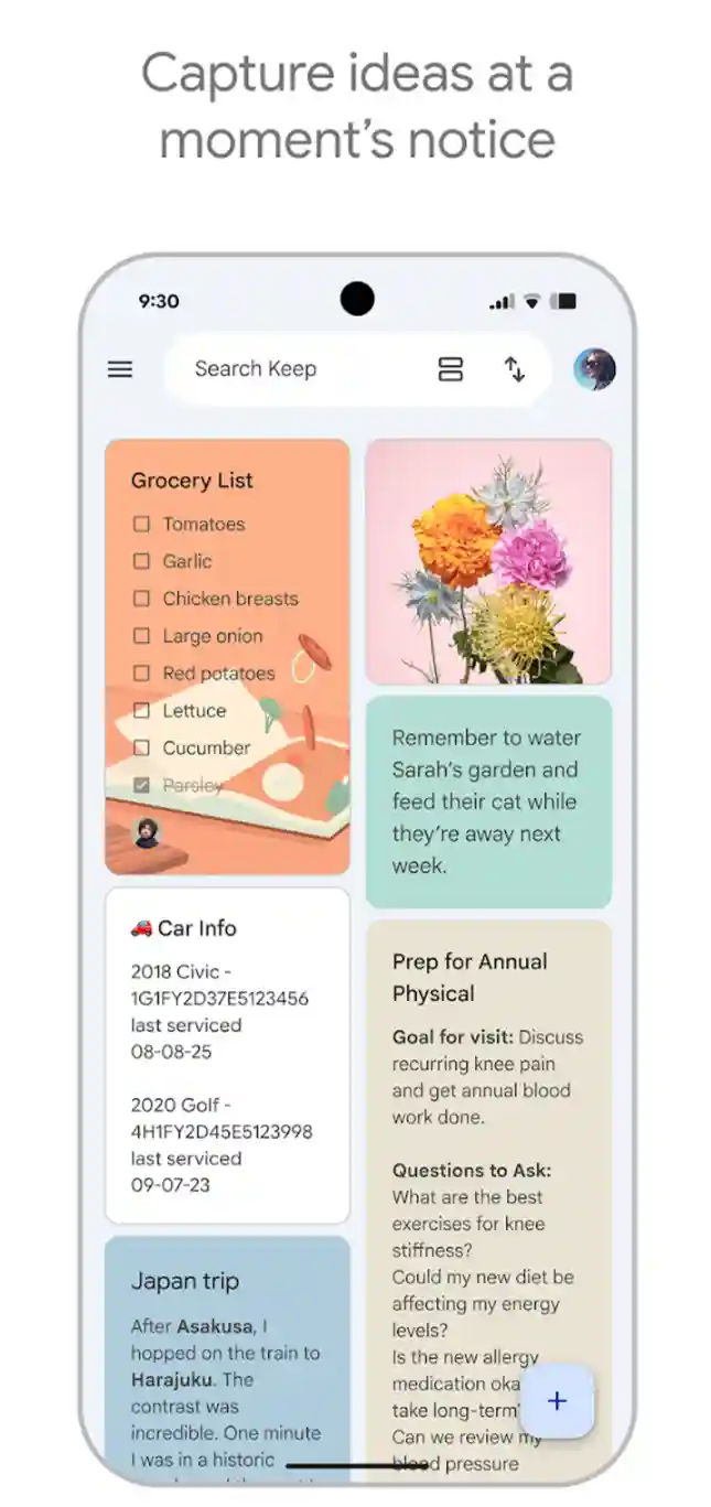 Google Keep home screen on Android showing notes and reminders