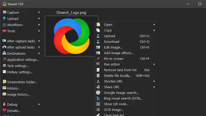 sharex screen recording tool interface on windows
