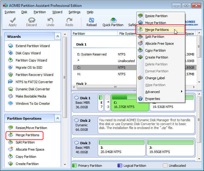 AOMEI Partition Assistant merge partitions