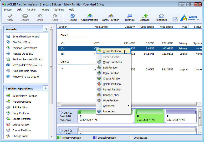 AOMEI Partition Assistant resize shrinking