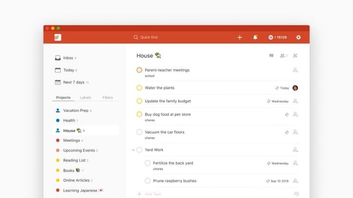 Todoist app dashboard