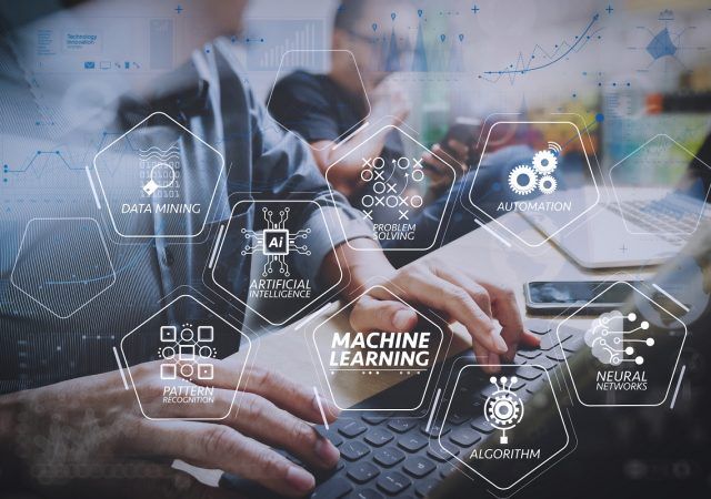 Machine learning technology diagram with artificial intelligence (AI),neural network,automation,data mining in VR screen.Coworking process, entrepreneur team working in creative office space using digital tablet.