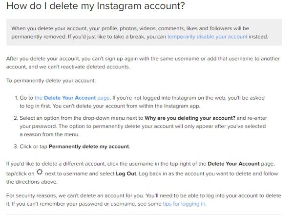 deactivating an Instagram account