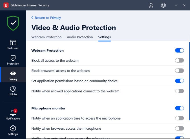 Bitdefender Internet Security privacy protection settings