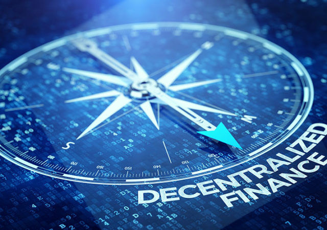 Digital compass pointing to a word DeFi - Decentralized Finance on dark blue abstract background. Concept of blockchain, decentralized financial system. 3d rendering