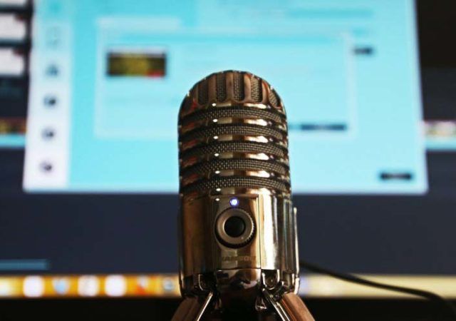 podcast studio setup with a microphone