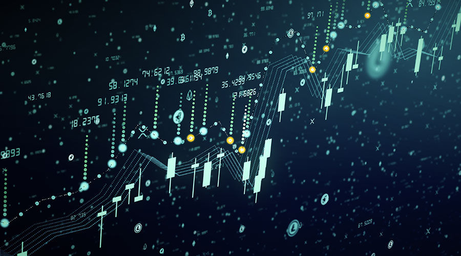 Futuristic digital business cryptocurrency candle chart rise. 3D illustration of financial diagram grows on bullish market, showing growth and increasing profit. Econimics concept in ultra HD 4K