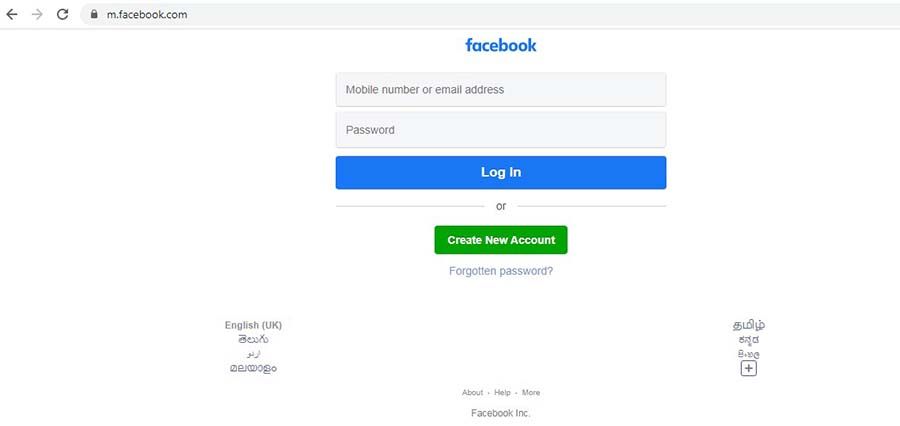 Facebook login page