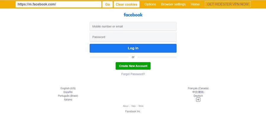 Facebook login page with Hidester enabled