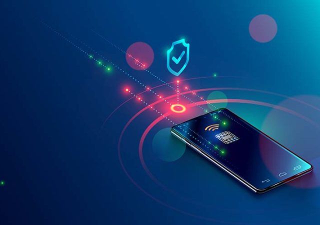 Mobile payment concept isometric banner. Security and protection contactless payment or via mobile phone with nfc chip. Shopping through smartphone with near field communication card